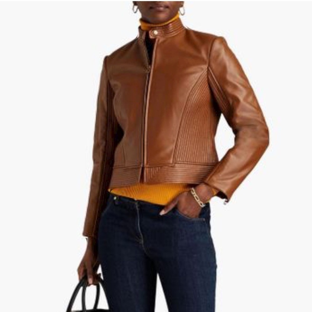 Tory Burch Calista leather riding jacket in Saddle - Picture 2 of 9